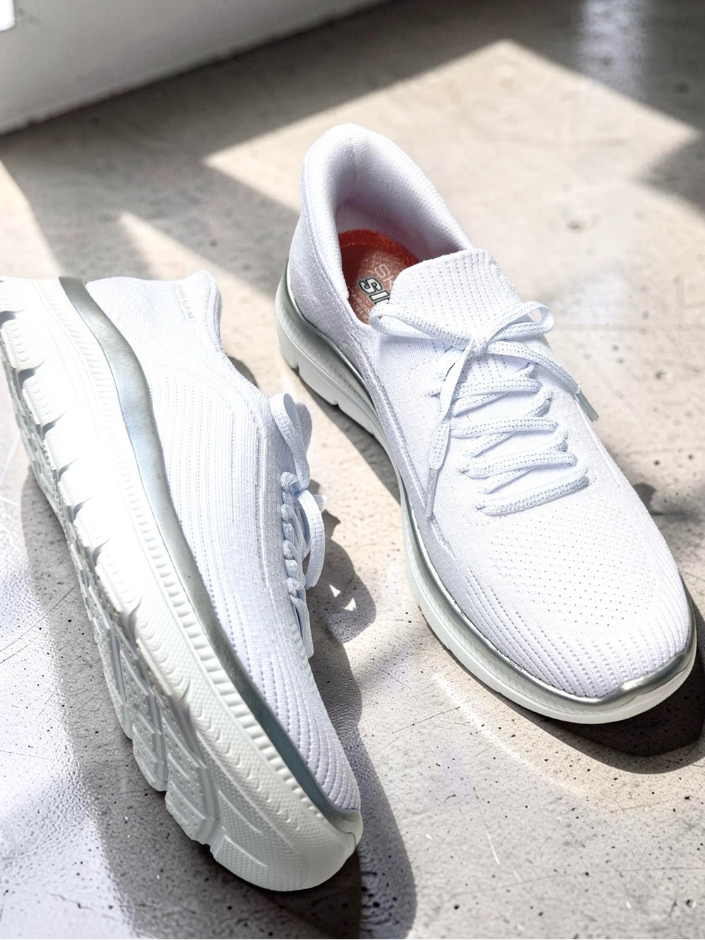 Skechers White Knit Lace-Up Slip-On Sneakers with Silver Trim - Picture 6 of 8